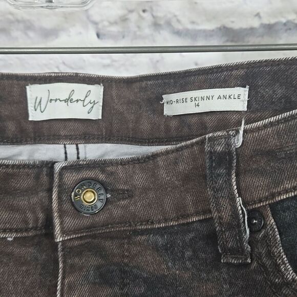 Wonderly Brown Tie Dye Mid-Rise Skinny Ankle Jeans Powerstretch Sleek Sculpt 14 - Picture 5 of 9